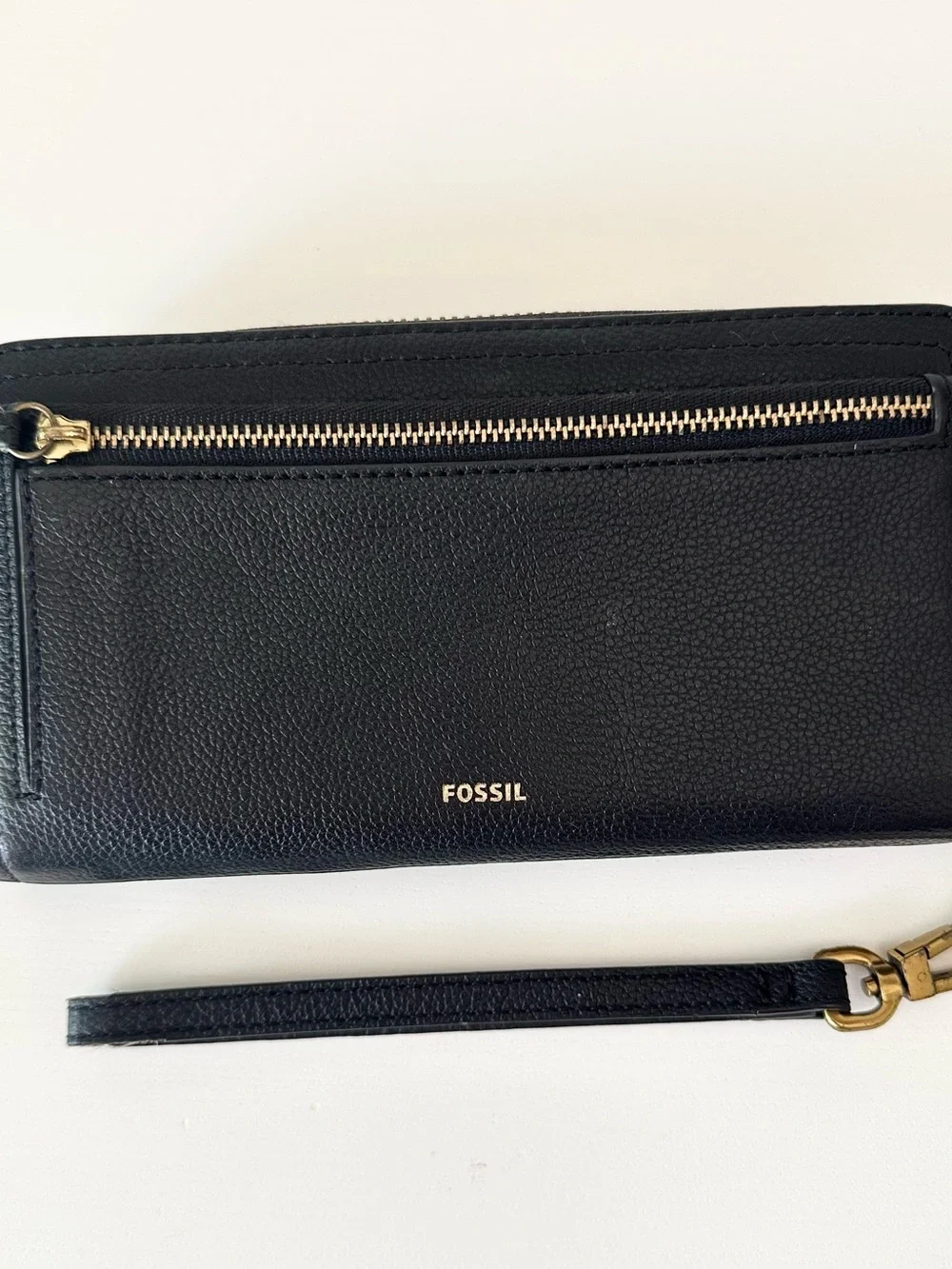 Fossil Black Pebbled Leather Fan Embellished Zip Around Wristlet Wallet Boho